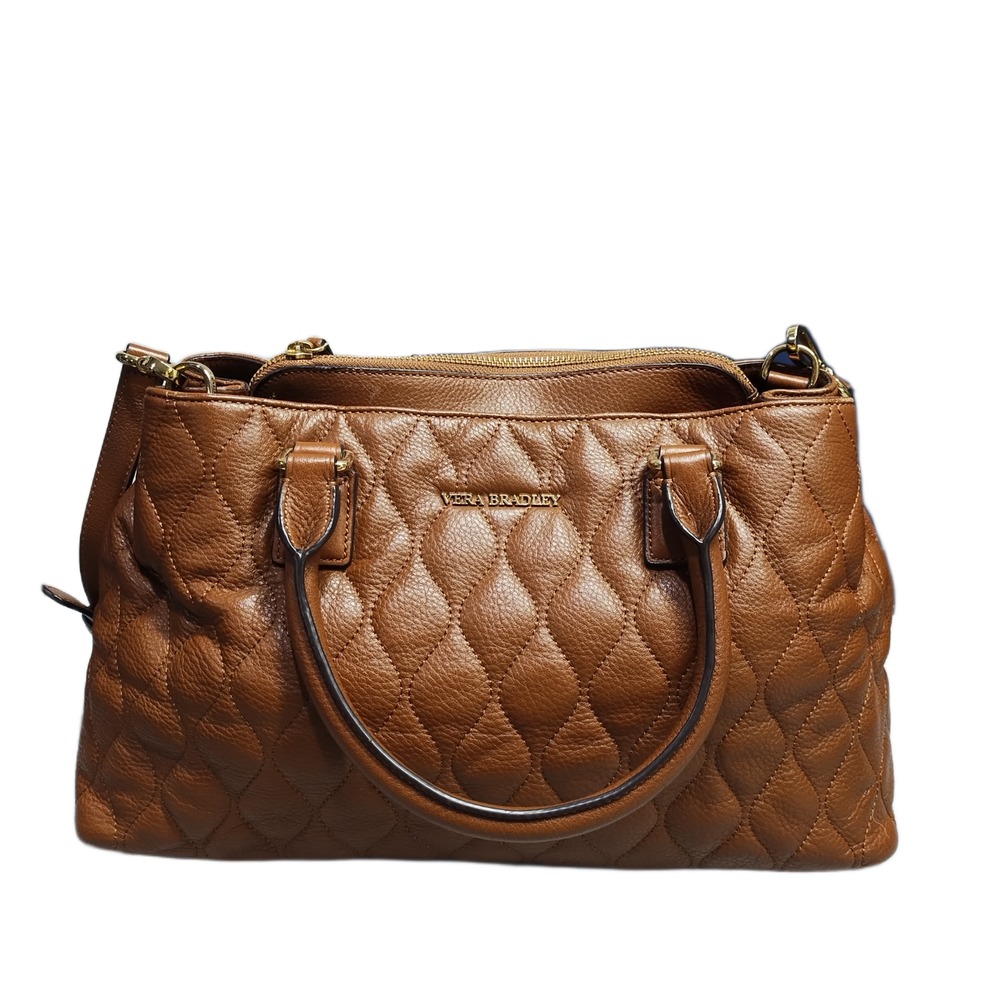 Vera Bradley Satchel Bag Womens Brown Leather Quilted Double Handles Zip Closure